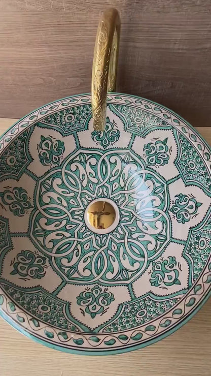 Handcrafted Moroccan Fez Ceramic Sink – Traditional Green Floral Design