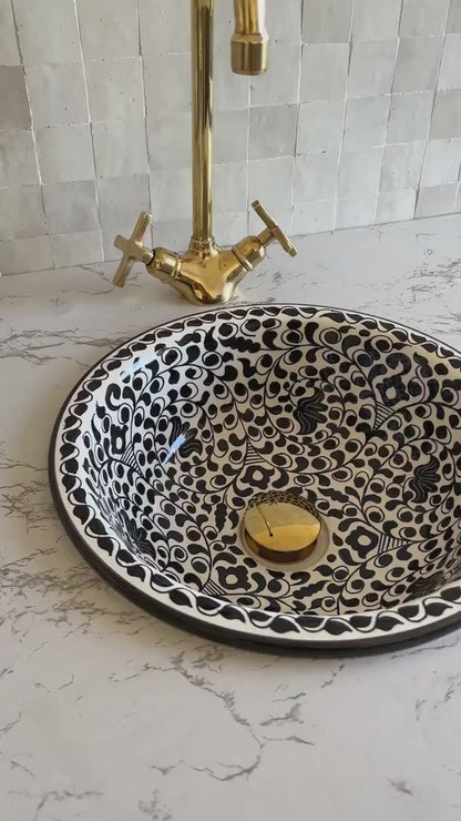 Handcrafted Moroccan Ceramic Sink – Black & White Floral Design