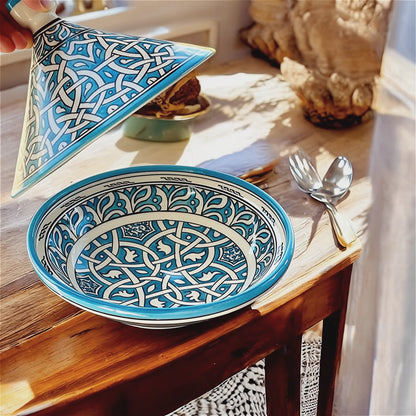 Handmade Turquoise Moroccan Tagine | Hand-Painted Ceramic Serving Tagine from Fez