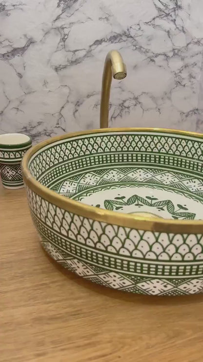 Serene Verde Custom Made Green Ceramic Sink with Brass Rim - Bathroom Vanity Centerpiece for Eco-Friendly Decor - Bathroom Statement Piece