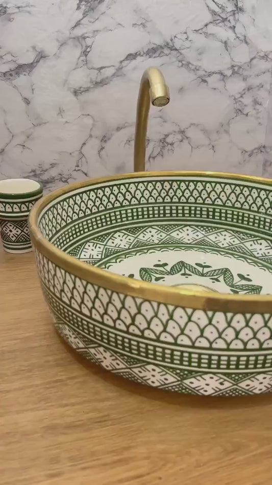 Serene Verde Custom Made Green Ceramic Sink with Brass Rim - Bathroom Vanity Centerpiece for Eco-Friendly Decor - Bathroom Statement Piece